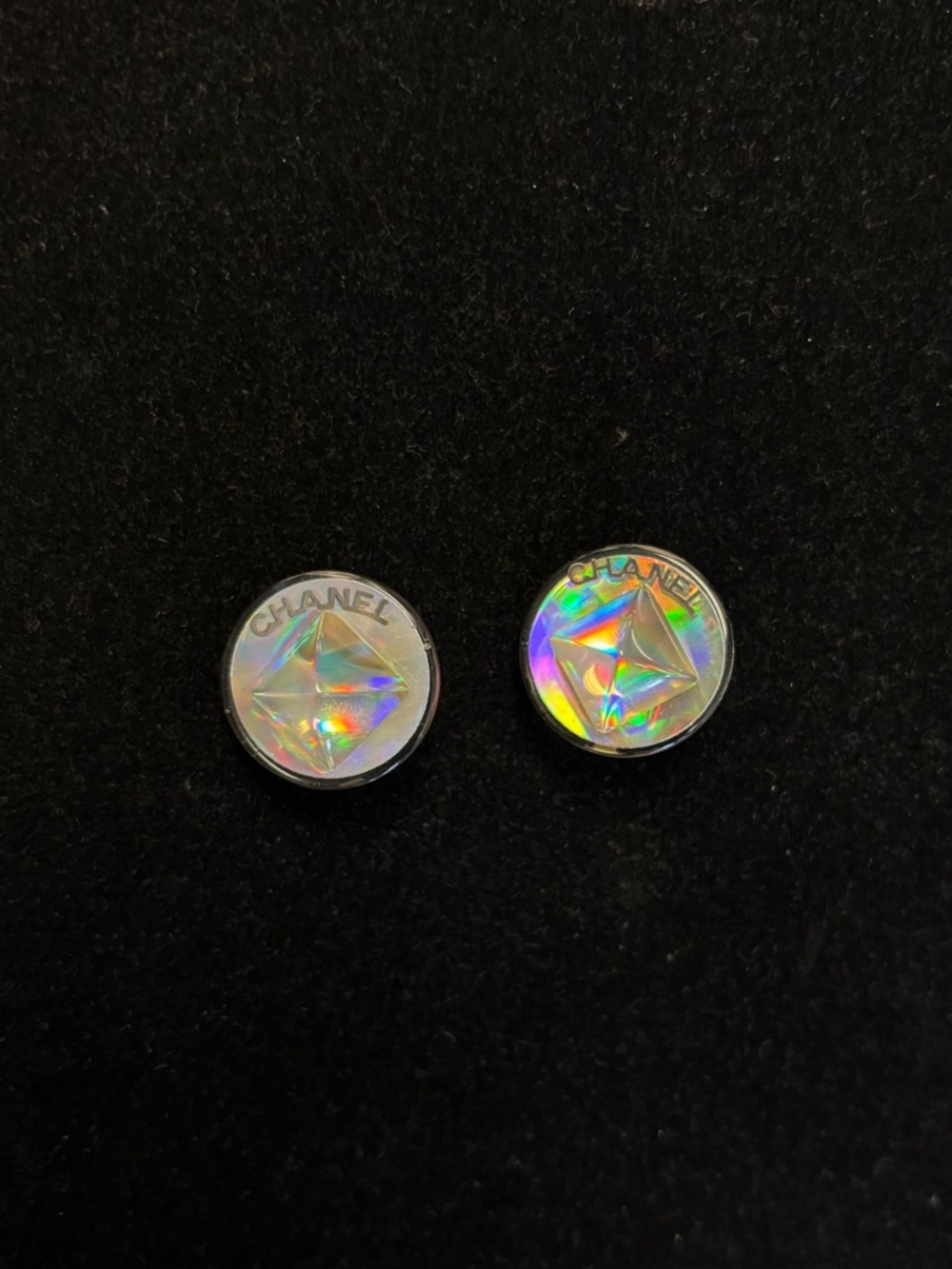 CHANEL vintage Holographic round resin lucite clip on earrings